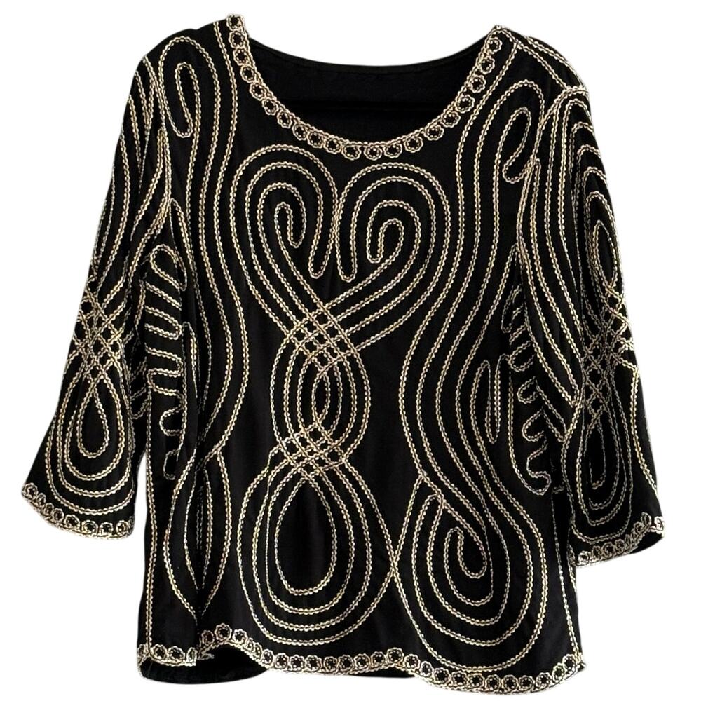 VINTAGE Soutache Art to Wear Black Gold Embroidered Whimsigoth Top 3/4 Sleeve XL